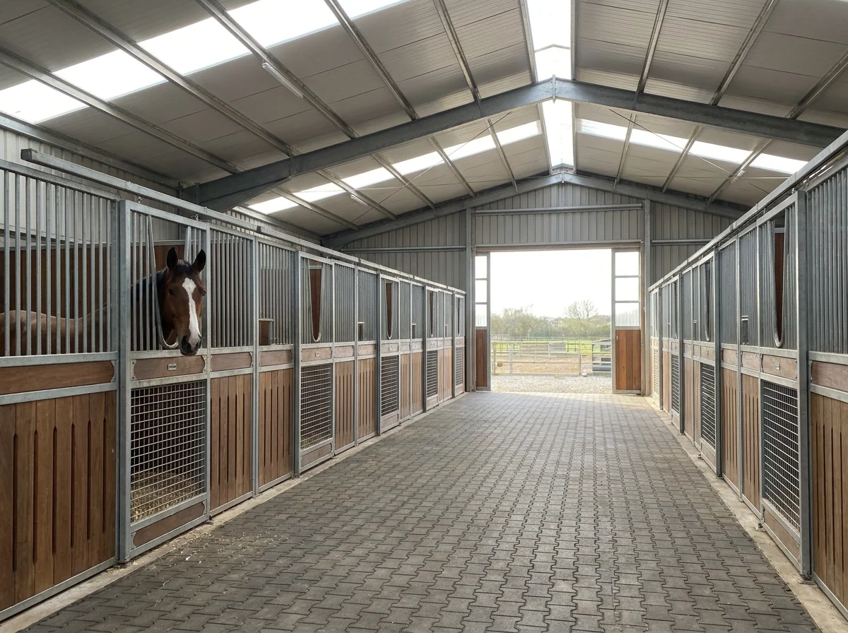 Center aisle of a steel horse barn with box stalls and a horse looking out