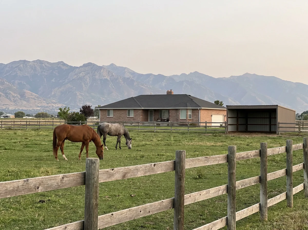 Two horses grazing behind a post-and-rail fence on a small Davis County horse property