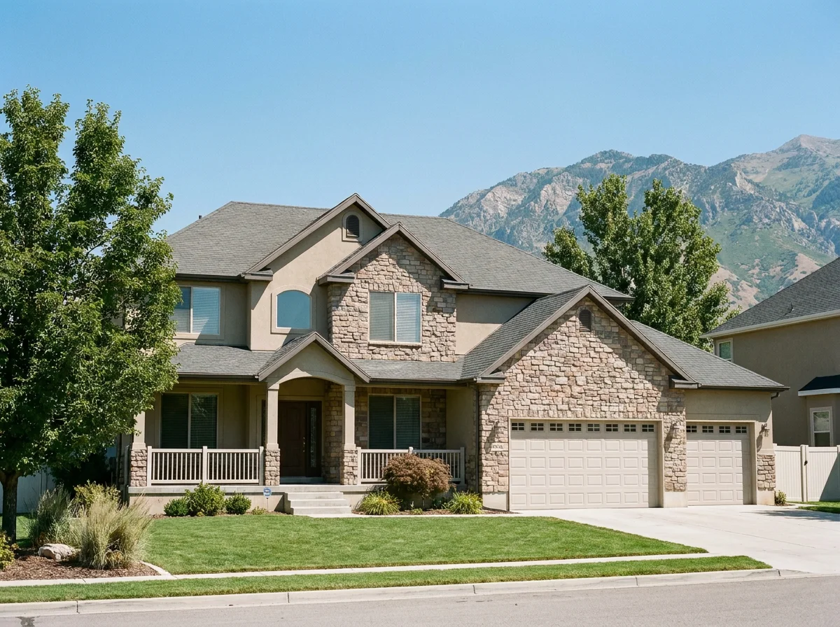 Stone-and-stucco two-story home with a three-car garage in Davis County, Utah